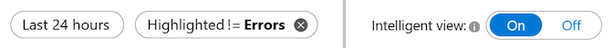 筛选器的屏幕截图，其中仅显示过去 24 小时内用红色突出显示的错误，并启用了“智能视图”。