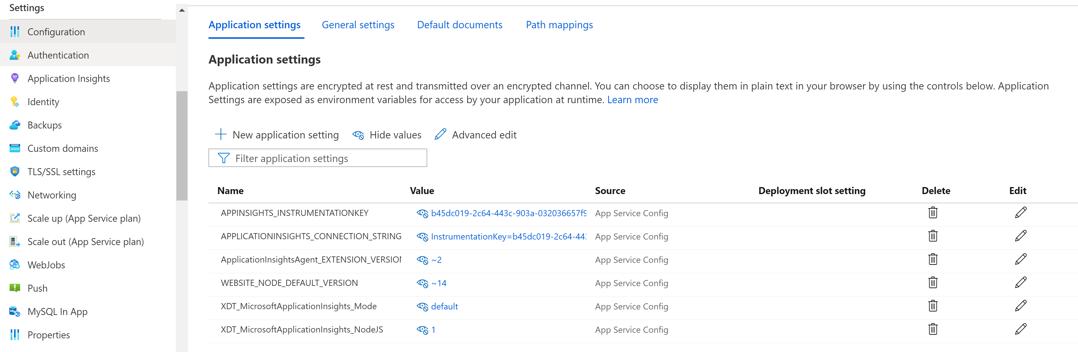 应用服务应用程序设置的屏幕截图，其中显示了可用的 Application Insights 设置。