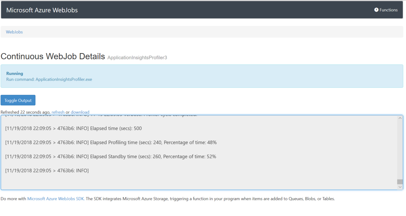 Screenshot shows the Continuous WebJob Details pane.