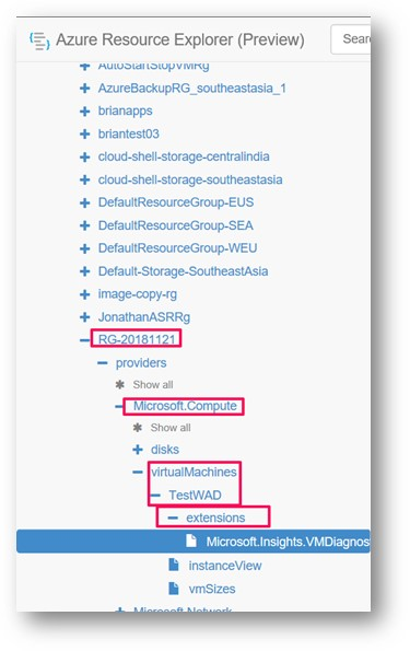 Navigate to WAD config in Azure Resource Explorer