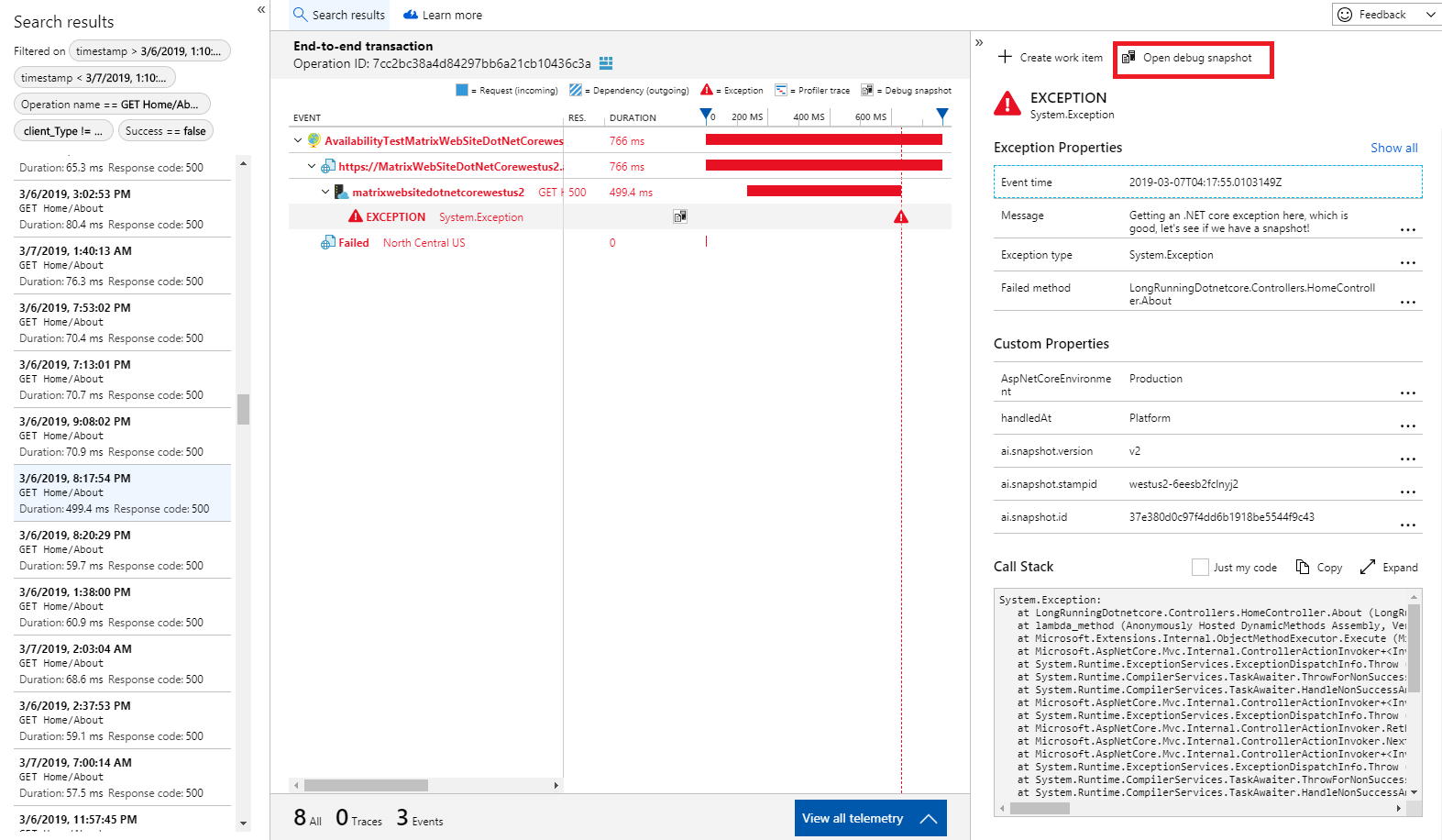 Open Debug Snapshot button on exception