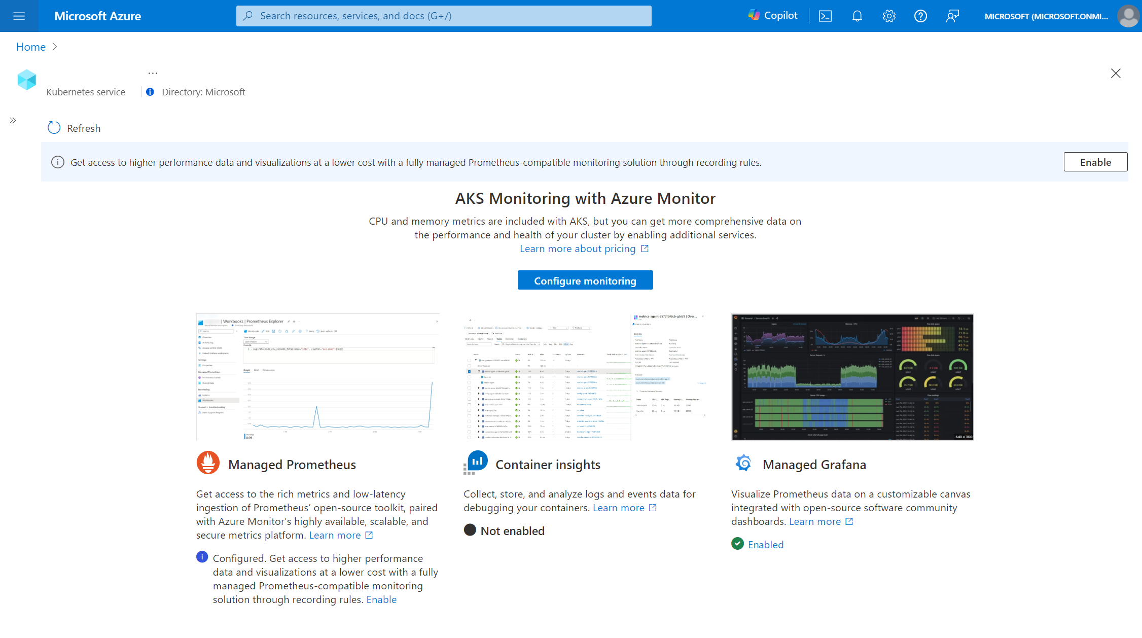 具有基于 Prometheus 的 Container Insights 的 AKS 群集的屏幕截图。