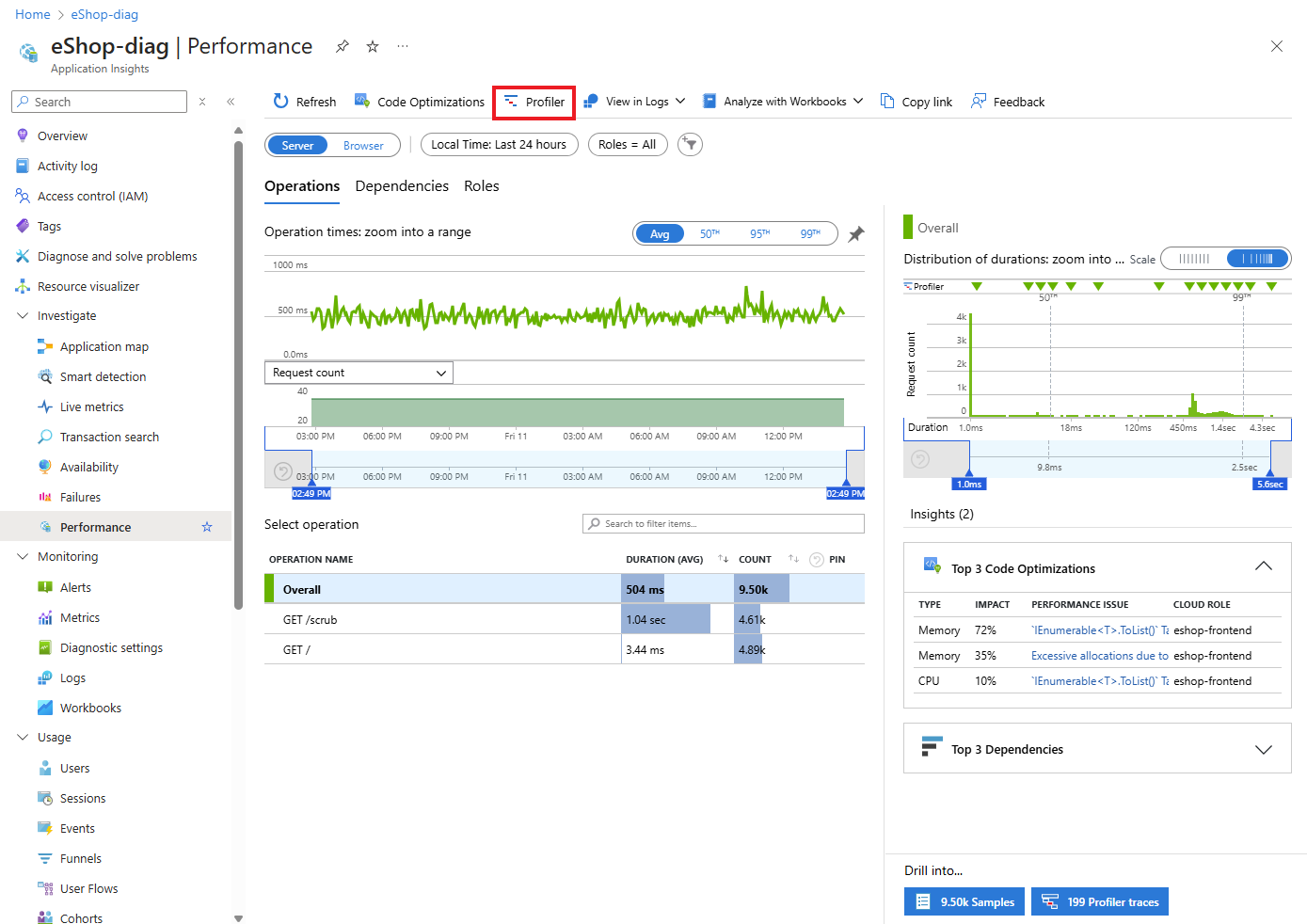 Azure 门户屏幕截图，其中显示了如何导航到 Application Insights Profiler。