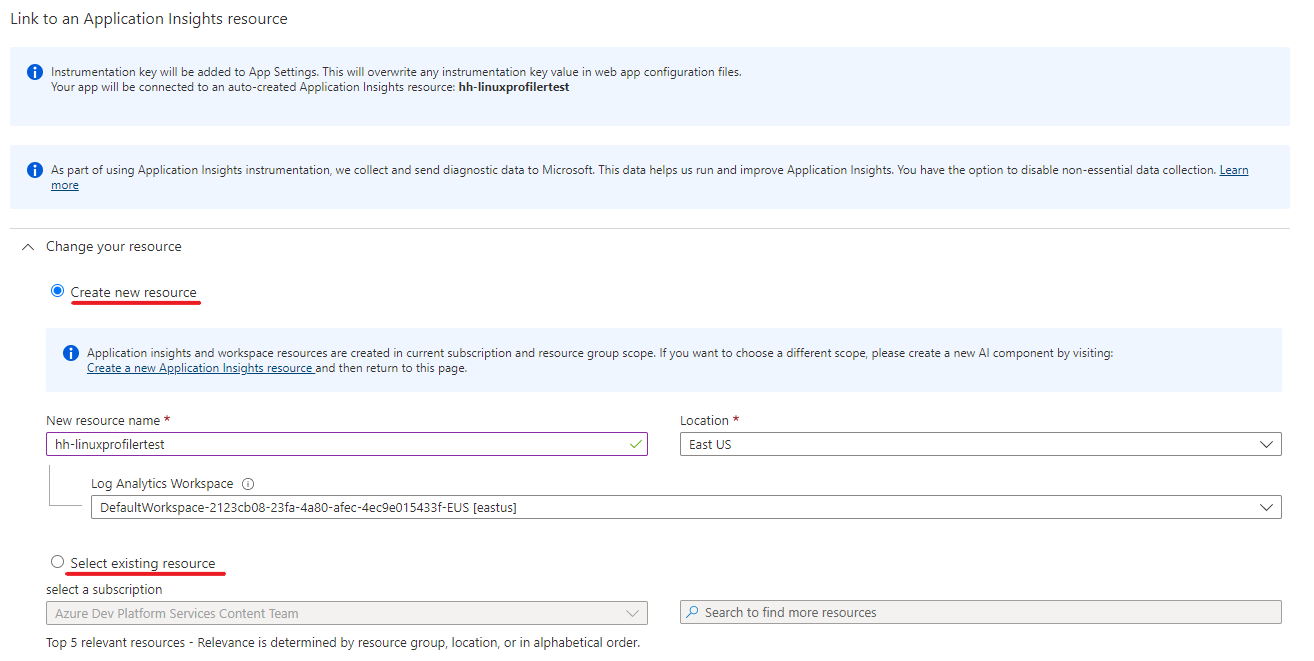 显示将 Application Insights 链接到新资源或现有资源的屏幕截图。