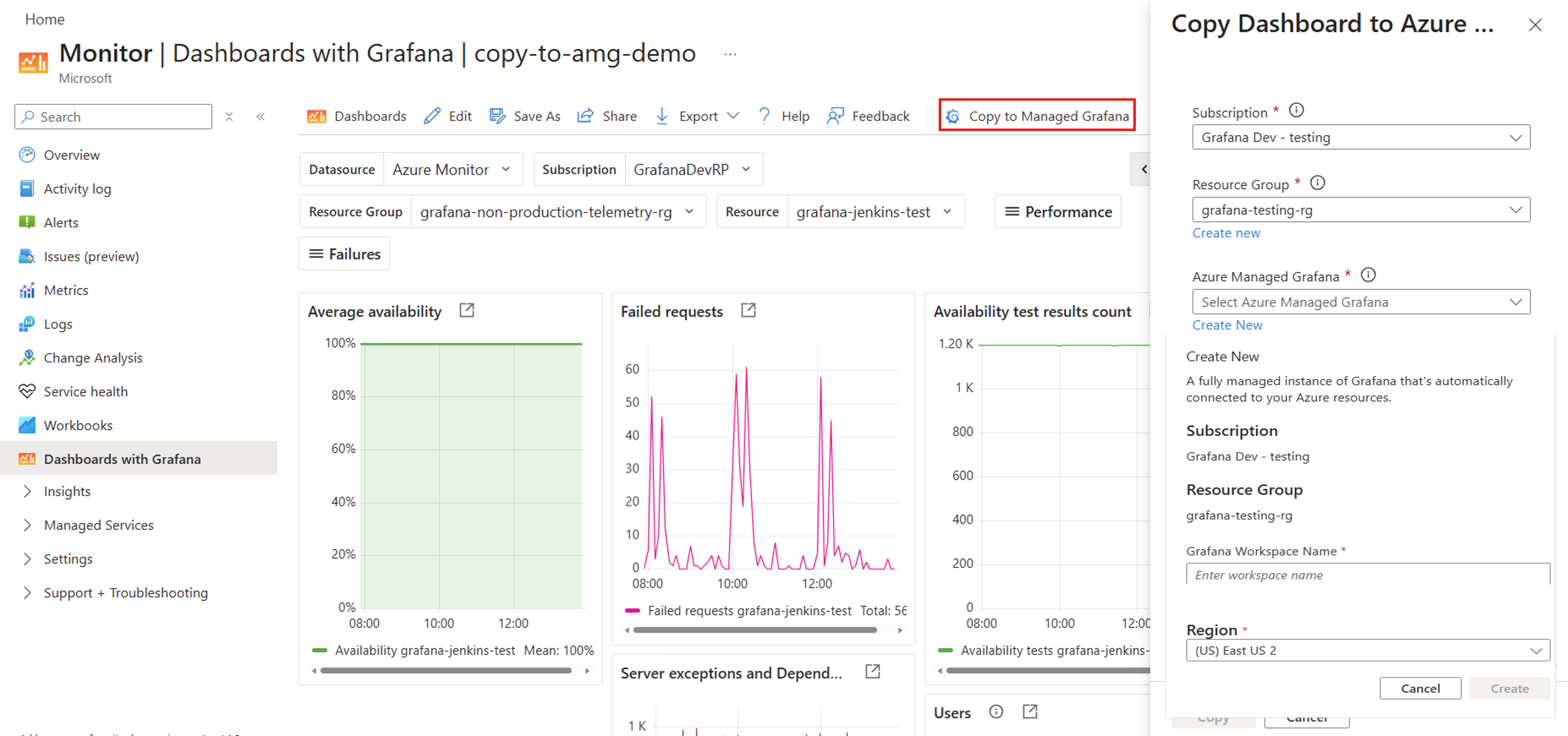 创建新 Azure 托管 Grafana 工作区窗格的截图。