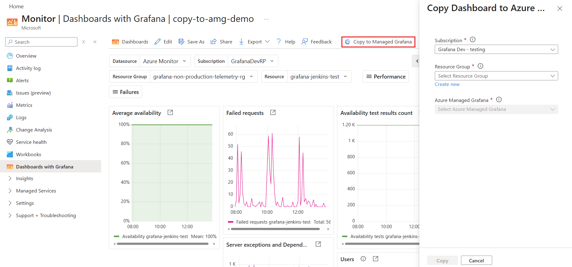 “复制到托管 Grafana”侧窗格的屏幕截图。