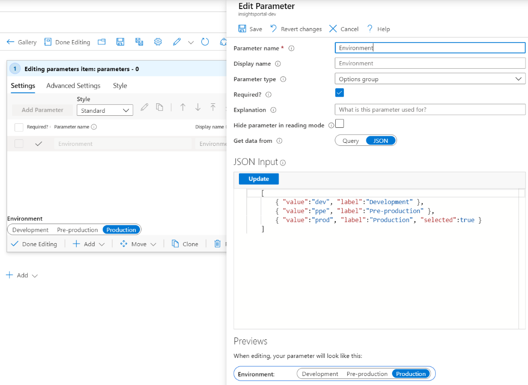 Screenshot that shows the creation of a static options group in a workbook.