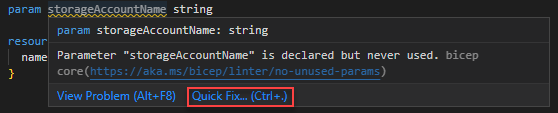 屏幕截图显示如何将快速修复用于 no-unused-parameters Linter 规则。