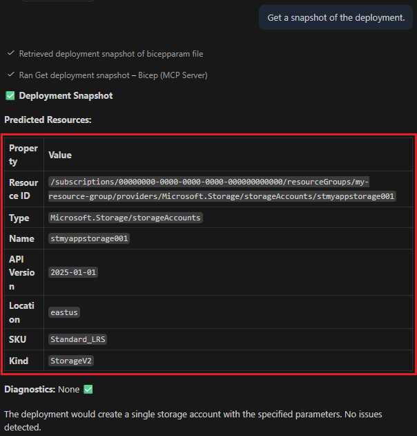 Bicep MCP 服务器部署快照的屏幕截图。