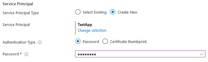 注册新应用程序后显示的 Microsoft.Common.ServicePrincipalSelector 身份验证选项的屏幕截图。