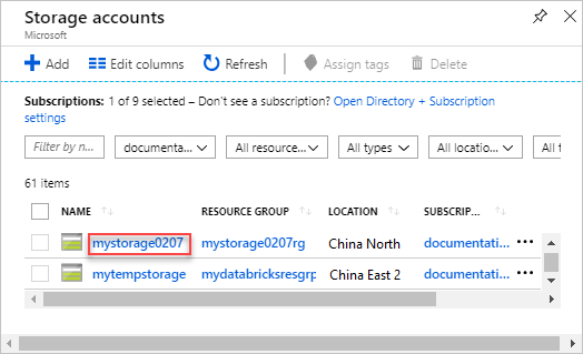 Azure 门户的屏幕截图，其中突出显示了名为 mystorage0207 的存储帐户。