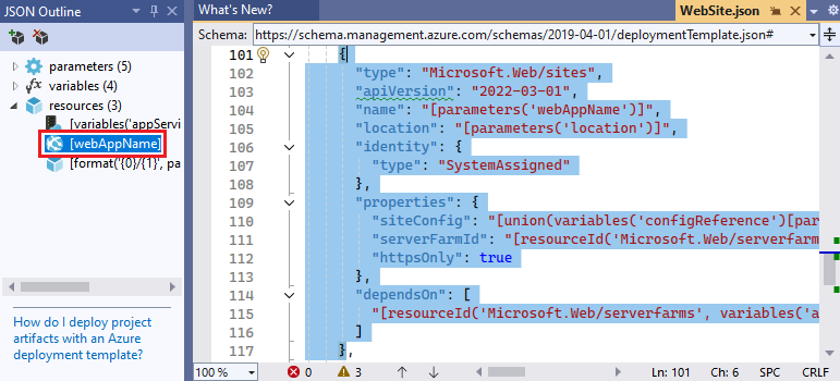 Visual Studio 编辑器的屏幕截图，选中 JSON 大纲窗口中的元素。