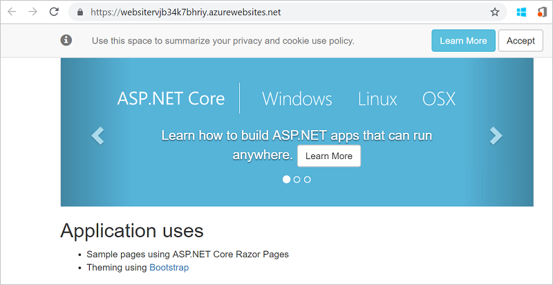 已部署的默认 ASP.NET 应用程序在网络浏览器中的屏幕截图。