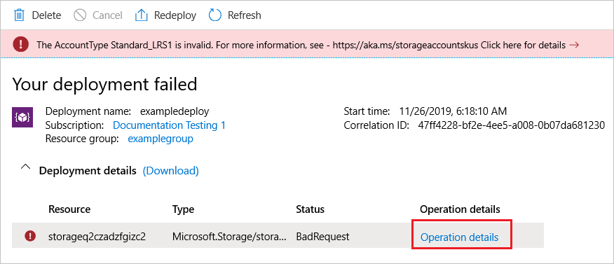 Screenshot of failed deployment that highlights link for operation details.