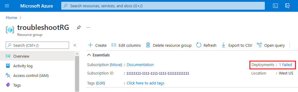Azure 资源组概述页面的屏幕截图，显示了失败的部署，部署历史记录部分中带有红色感叹号图标。