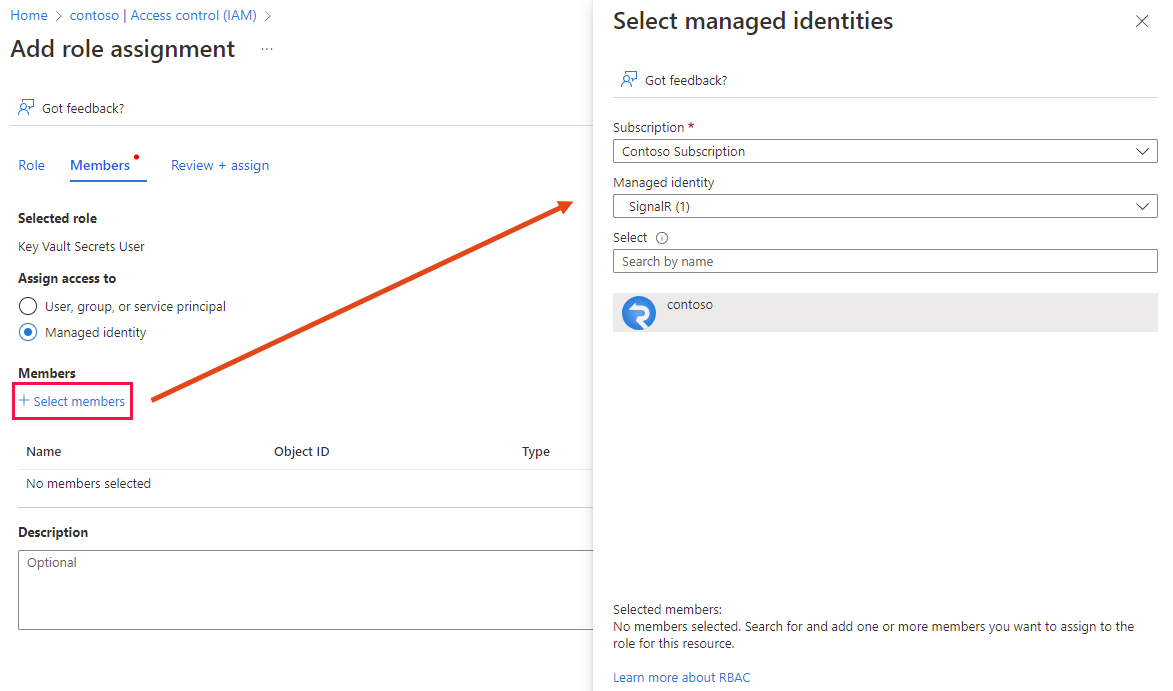 将角色分配添加到密钥保管库时“成员”选项卡的屏幕截图。