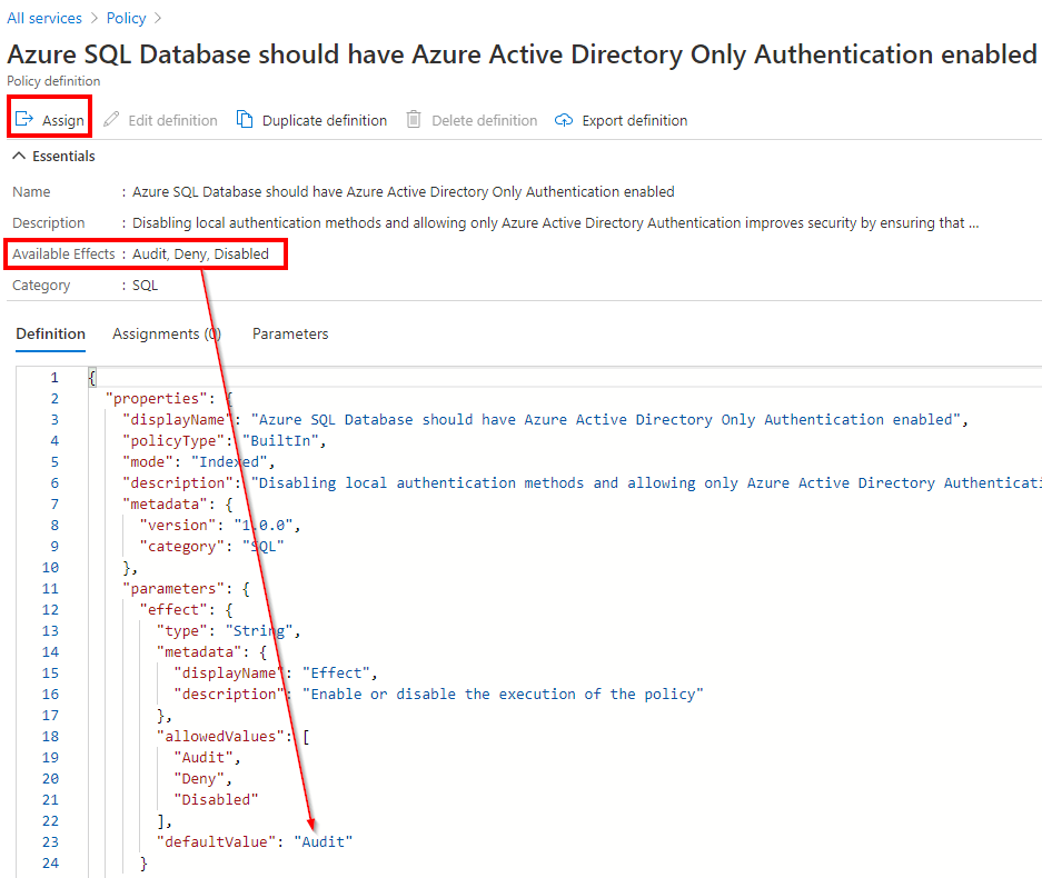 分配仅限 Azure AD 的身份验证的 Azure Policy 屏幕截图