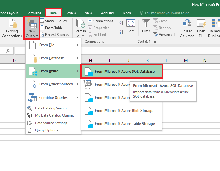 选择数据源：将 Excel 连接到 SQL 数据库。