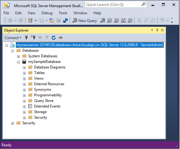 SQL Server Management Studio (SSMS) 的屏幕截图，其中显示了对象资源管理器中的数据库对象。