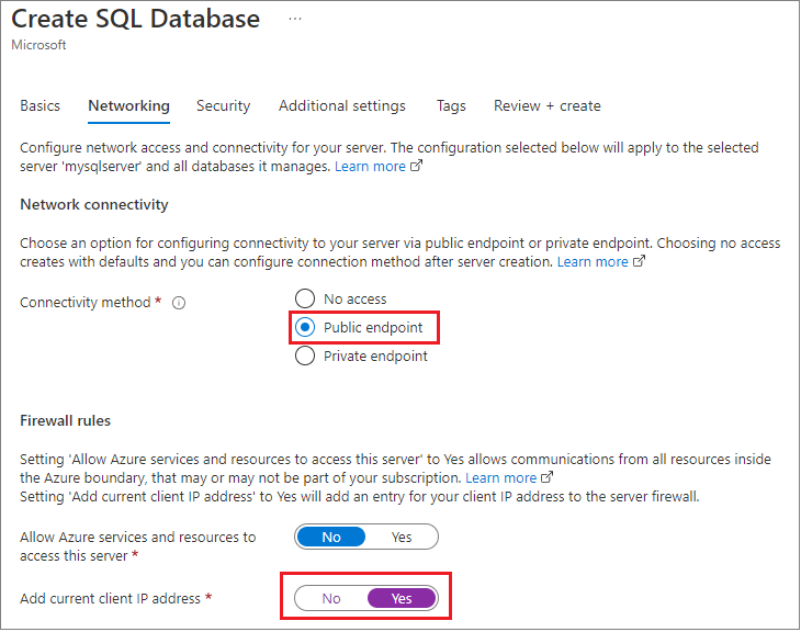 Azure 门户中的屏幕截图，其中显示了“创建 SQL 数据库”页。在“网络”选项卡上，对于“连接方法”，已选择“公共终结点”选项。“添加当前客户端 IP 地址”选项为“是”。