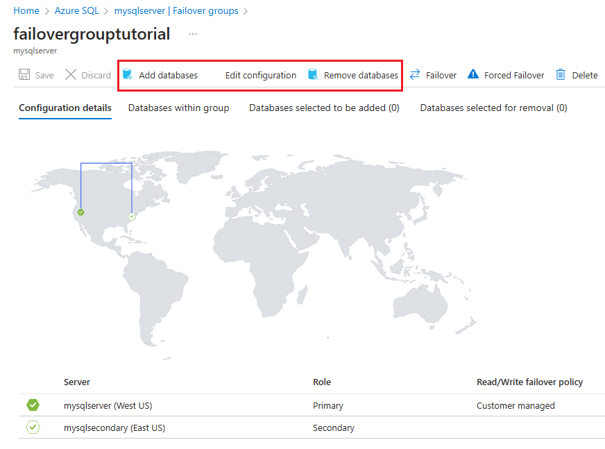 Azure 门户的“故障转移组”页中突出显示了命令栏的屏幕截图。