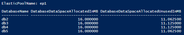 相关 PowerShell cmdlet 输出的屏幕截图，其中显示了弹性池分配的空间和分配的未使用空间。