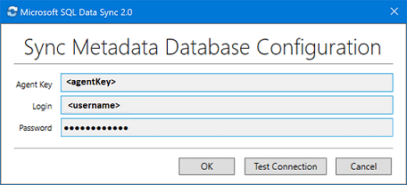 Microsoft SQL 数据同步 2.0 客户端代理应用的屏幕截图。输入代理密钥和服务器凭据。