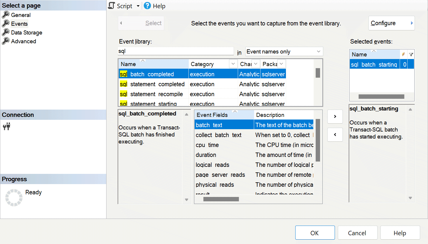 “新建会话 SSMS”对话框的屏幕截图，其中显示了选中 sql_batch_starting 事件的事件选择页。