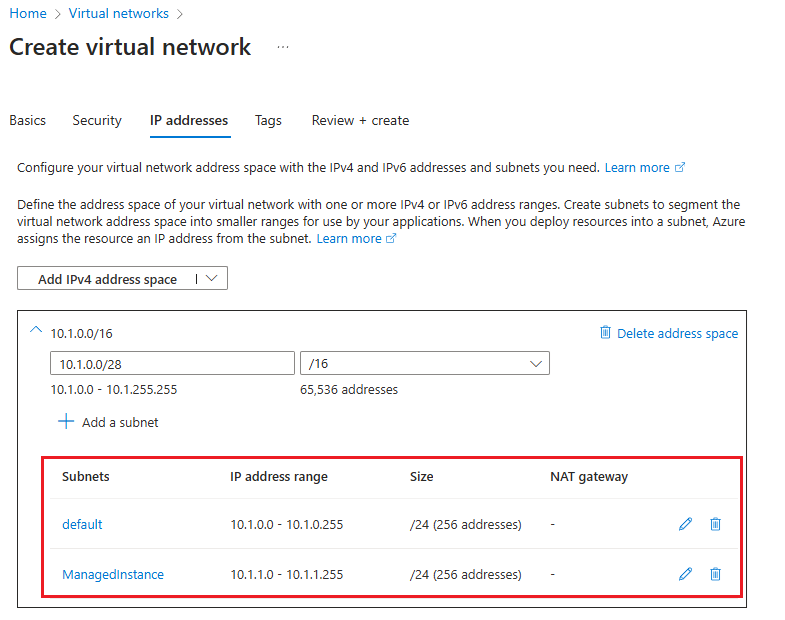 Azure 门户中新虚拟网络的地址空间的屏幕截图。