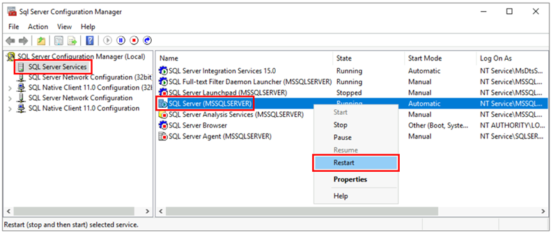 SQL Server 重启命令调用的屏幕截图。