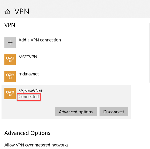 突出显示建立连接后的“已连接”消息的 Windows VPN 连接屏幕的屏幕截图。