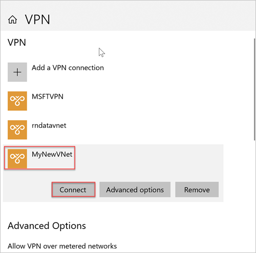 Windows VPN 连接屏幕的屏幕截图。