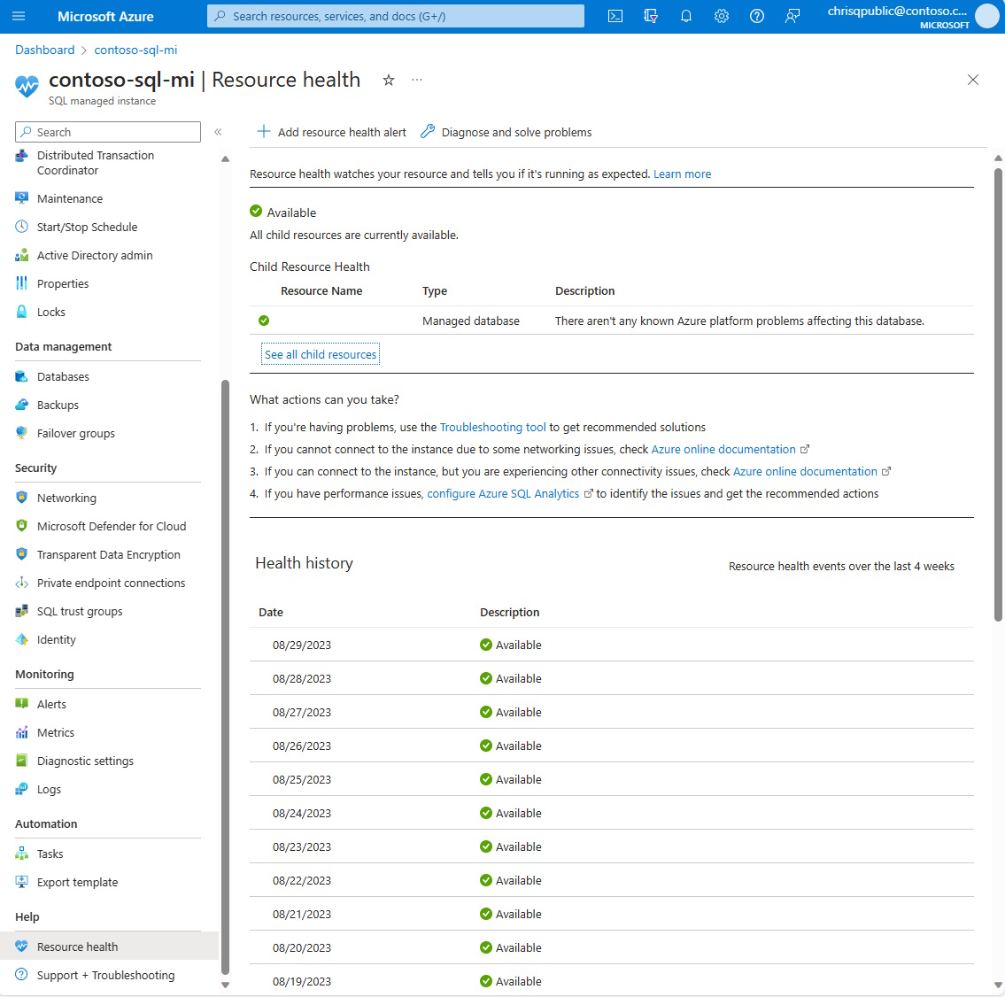 Azure 门户的屏幕截图，其中显示了 Azure SQL 托管实例的资源运行状况页。