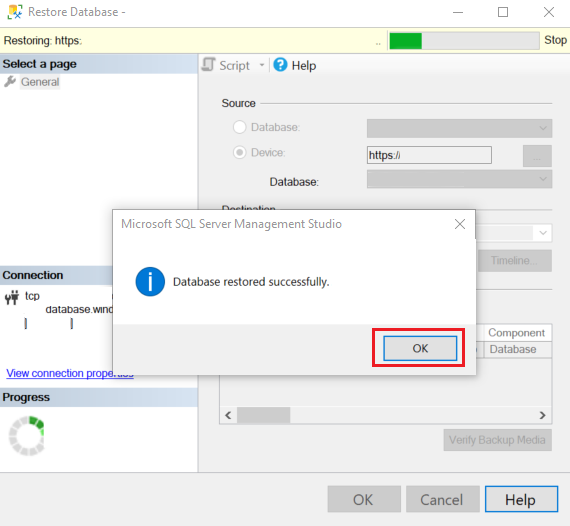“还原”向导中页面对话框的屏幕截图。对话框中的消息指示已成功还原数据库。