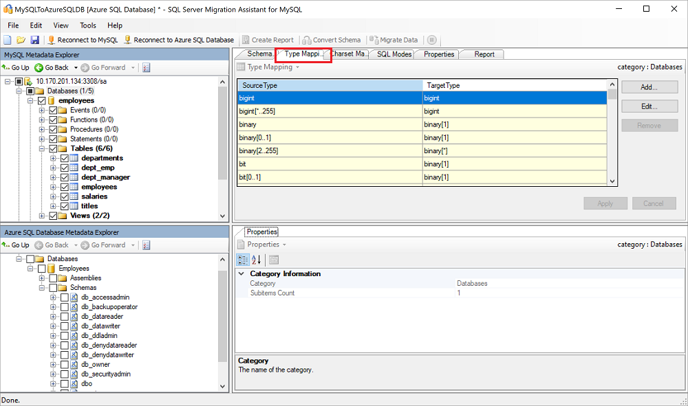 SSMA for MySQL 中“类型映射”窗格的屏幕截图。