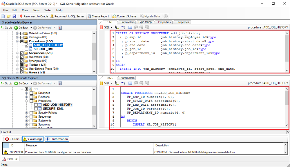 屏幕截图，显示 Transact-SQL、存储过程和警告。