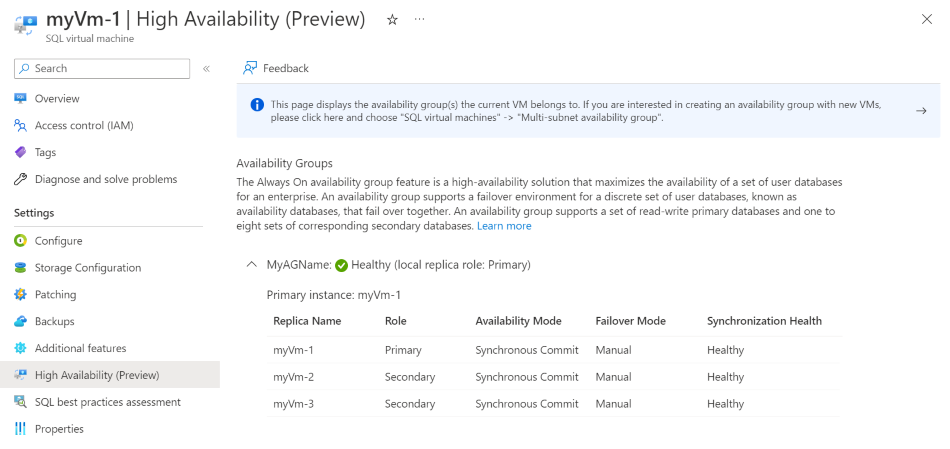 Azure 门户中的 SQL 虚拟机资源的屏幕截图，其中显示从“高可用性”页检查可用性组状态的位置。