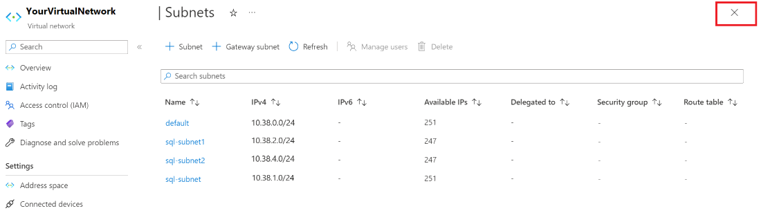 Azure 门户的屏幕截图，其中显示了虚拟网络的子网管理窗格。