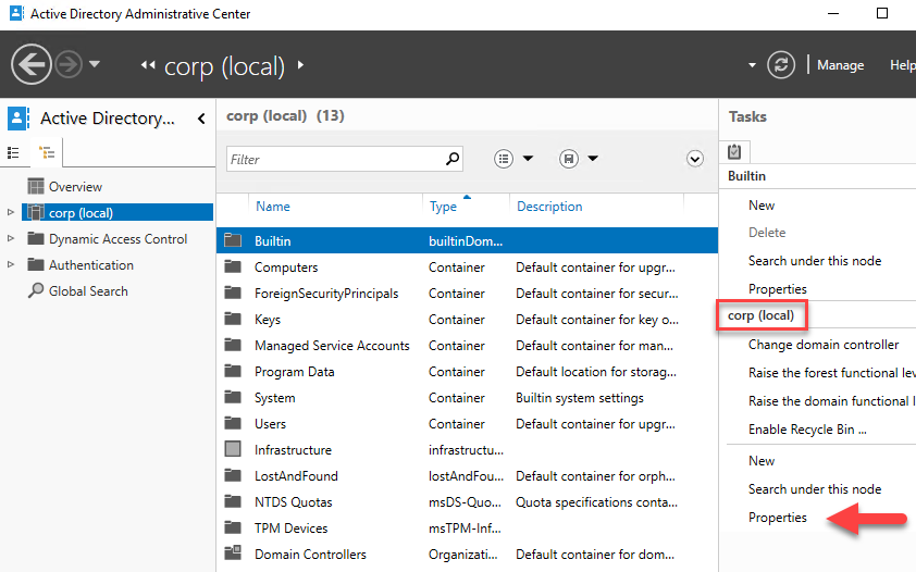 Active Directory 管理中心 - CORP 用户属性的屏幕截图