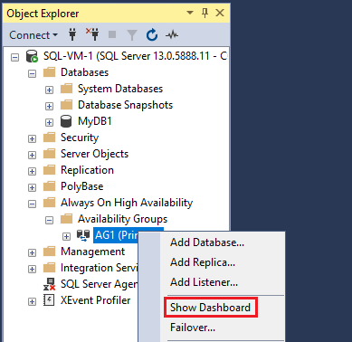 SSMS 对象资源管理器中右键单击菜单的屏幕截图，其中选择了“显示可用性组仪表板”。