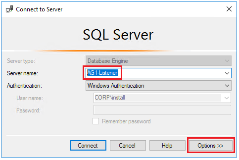 打开 SQL Server Management Studio，在“服务器名称:”中键入侦听器的名称，如 AG1-Listener