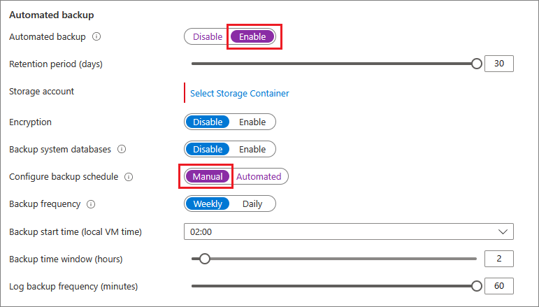 Azure 门户的 SQL VM 自动备份的屏幕截图。