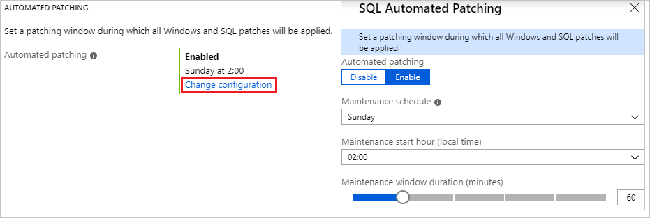 Azure 门户屏幕截图，显示 SQL VM 自动修补。