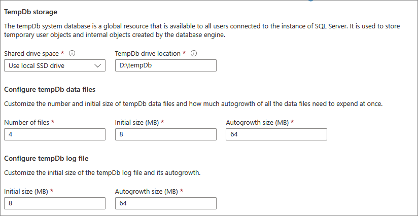 显示可在何处为 SQL VM 配置 tempdb 存储的屏幕截图。