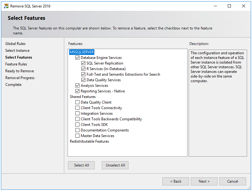 显示选择哪些功能来卸载 SQL Server 的屏幕截图。