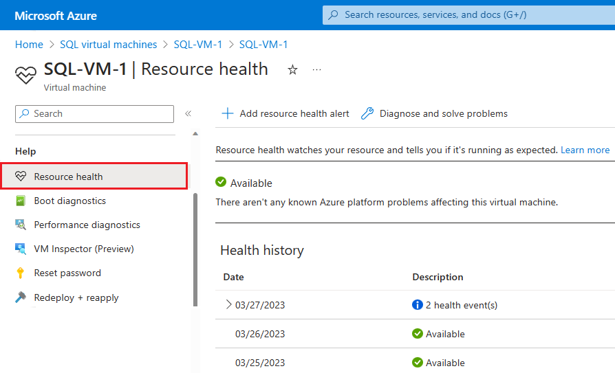 Azure门户中Resource Health页面的屏幕截图。