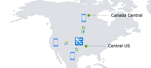 示意图显示了使用一个 Azure WebPubSub 实例处理来自两个国家/地区的流量。