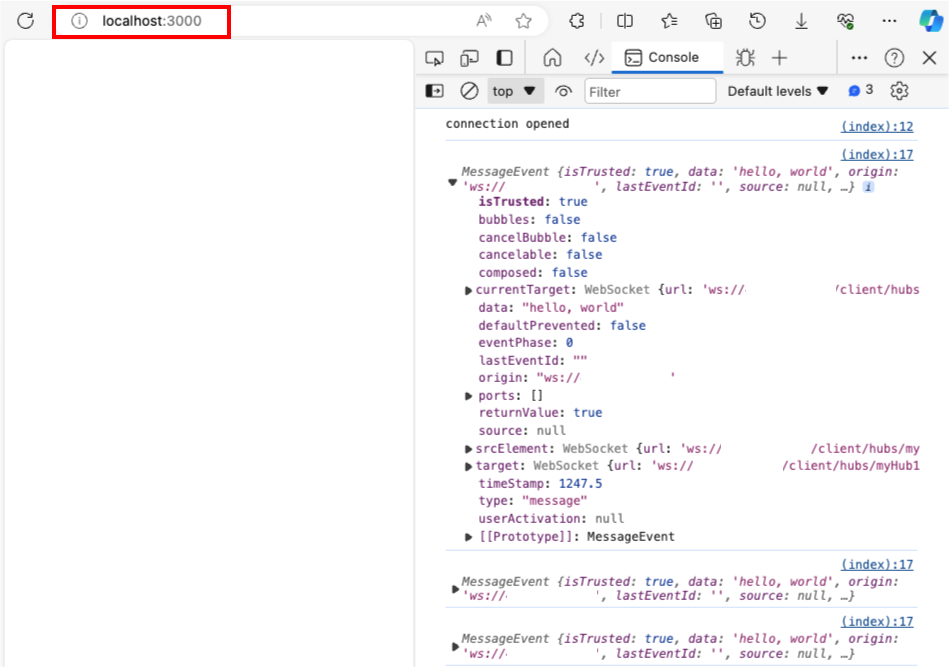 该屏幕截图显示浏览器客户端间接连接 Web PubSub 资源和本地运行的服务器应用。