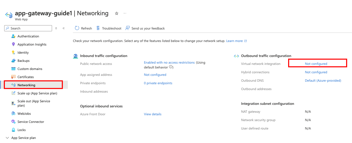 该屏幕截图显示如何启用虚拟网络集成 - 步骤 1。