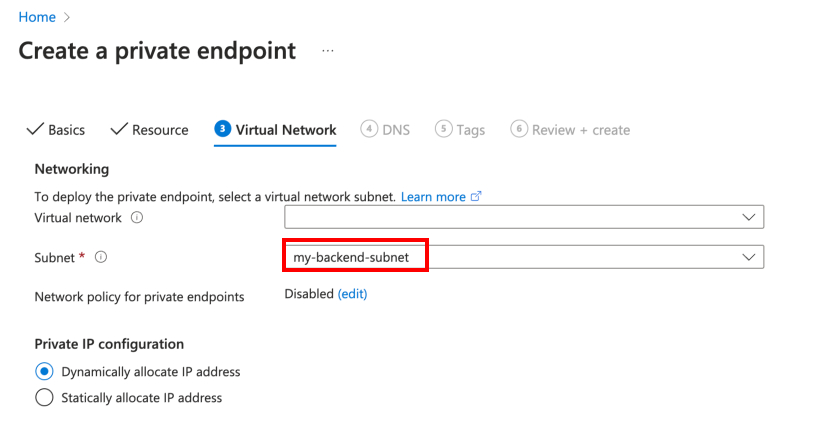 该屏幕截图显示如何将 Web PubSub 的专用终结点放置在新建的子网中。